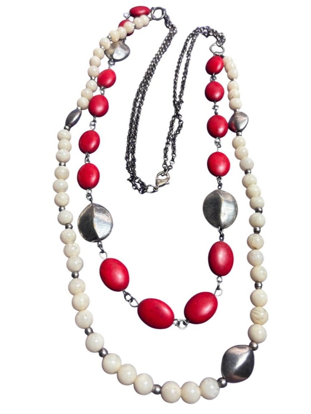 Vintage 90s 2 Strand Beaded Necklace Red Stone Cream Plastic Silvertone